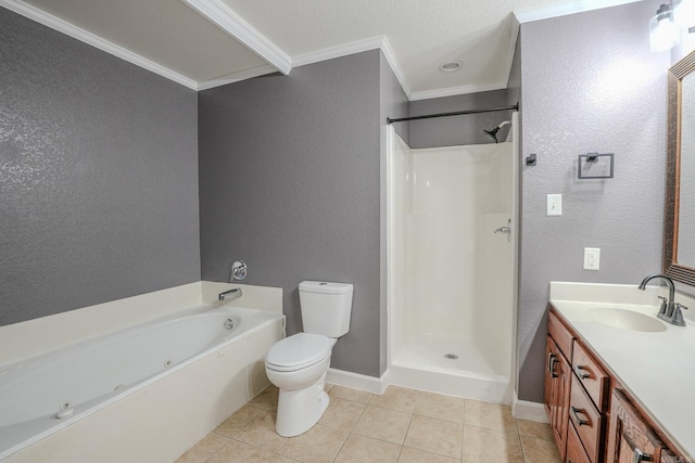 bathroom featuring a textured wall, crown molding, toilet, tile patterned floors, and a shower stall