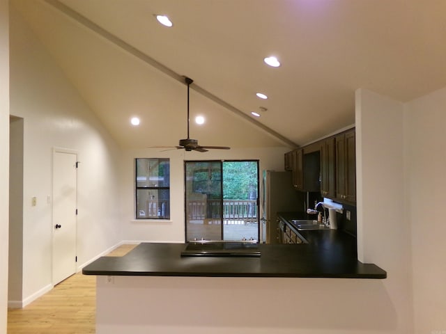 14301 Ridgewood, Little Rock, AR 72211 - kitchen with a sink, dark countertops, recessed lighting, a ceiling fan, and light wood finished floors