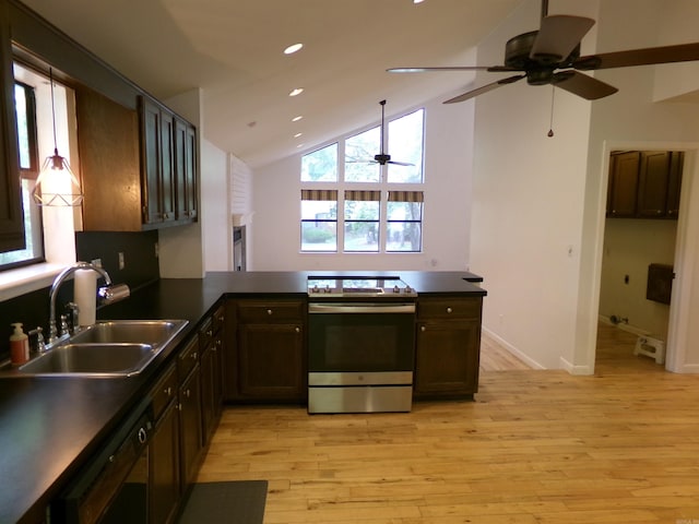 14301 Ridgewood, Little Rock, AR 72211 - kitchen featuring stainless steel range with electric cooktop, a sink, black dishwasher, a ceiling fan, and dark countertops