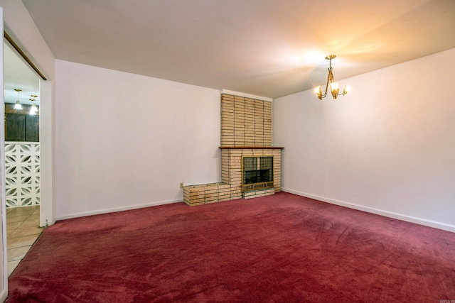 3815 Bruno Rd, Little Rock, AR 72209 - unfurnished living room featuring a chandelier, a fireplace, baseboards, and carpet flooring