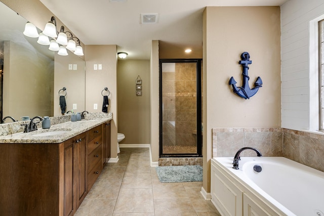 402 Demuth, Benton, AR 72019 - bathroom featuring a bath, toilet, a stall shower, tile patterned flooring, and double vanity
