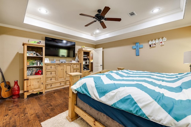 402 Demuth, Benton, AR 72019 - bedroom featuring a tray ceiling, ornamental molding, dark wood-style floors, recessed lighting, and a ceiling fan