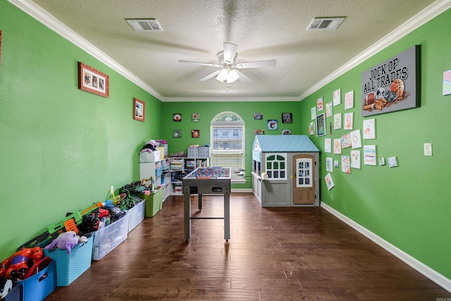 402 Demuth, Benton, AR 72019 - playroom with ornamental molding, a ceiling fan, hardwood / wood-style flooring, a textured ceiling, and baseboards