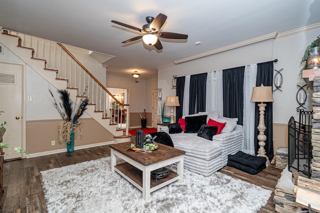 1705 W Cedar St, El Dorado, AR 71730 - living area featuring stairway, wood finished floors, a ceiling fan, and ornamental molding