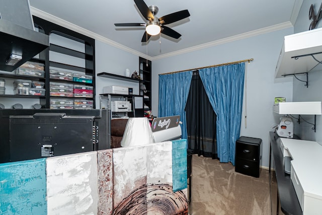 1705 W Cedar St, El Dorado, AR 71730 - home office with a ceiling fan, carpet flooring, and crown molding