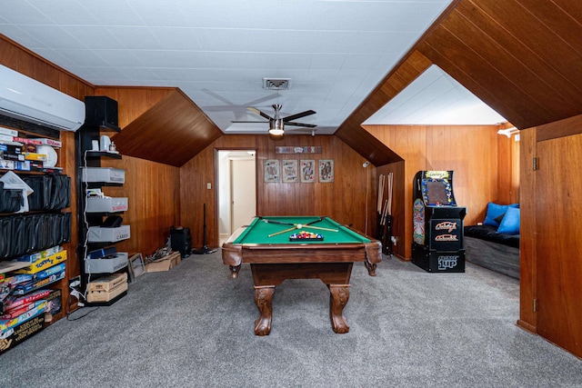 1705 W Cedar St, El Dorado, AR 71730 - rec room featuring wood walls, carpet, an AC wall unit, ceiling fan, and billiards