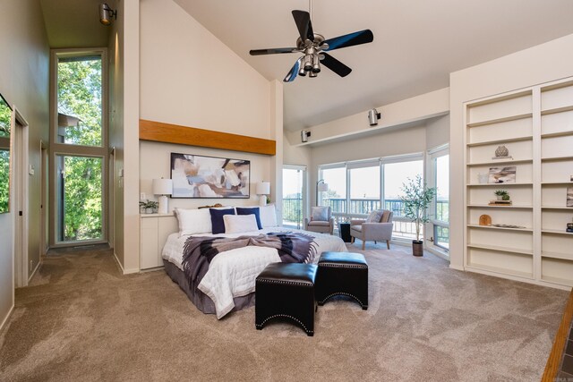 1 Rivers Edge Dr, Little Rock, AR 72227 - bedroom featuring carpet floors, high vaulted ceiling, and ceiling fan