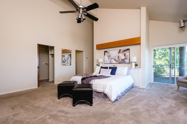 1 Rivers Edge Dr, Little Rock, AR 72227 - bedroom with high vaulted ceiling, carpet flooring, access to exterior, baseboards, and a walk in closet