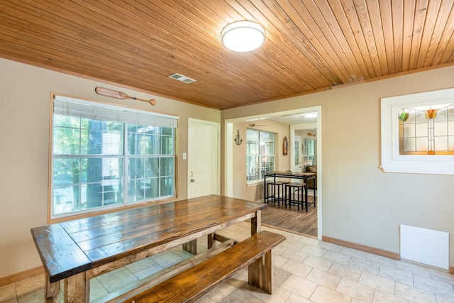 204 Riverside Dr, Pangburn, AR 72121 - dining space with wood ceiling, baseboards, and a ceiling fan