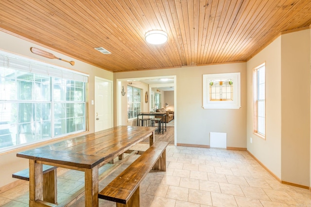 204 Riverside Dr, Pangburn, AR 72121 - dining room featuring wood ceiling, baseboards, and light tile patterned flooring