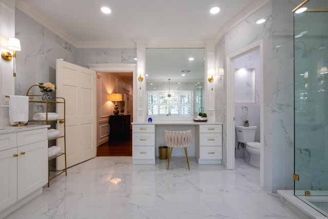 full bath with ornamental molding, a shower stall, marble finish floors, recessed lighting, and vanity