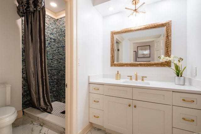 full bathroom with marble look tiles, toilet, a stall shower, vanity, and recessed lighting
