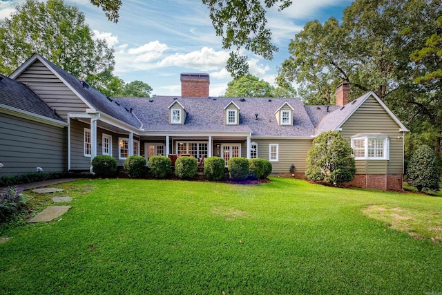 back of property with a chimney, a yard, and roof with shingles