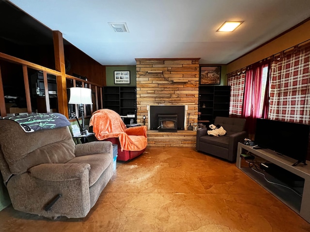 96 E Lakeshore Dr, Cherokee Village, AR 72529 - living room featuring concrete flooring and a stone fireplace