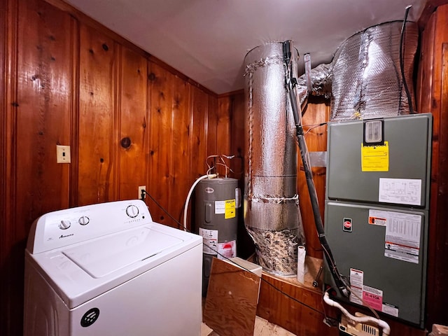 96 E Lakeshore Dr, Cherokee Village, AR 72529 - washroom featuring washer / dryer, electric water heater, and wood walls