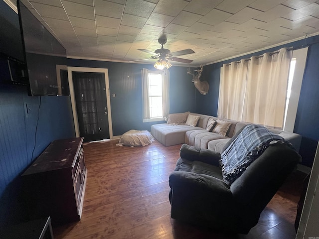 320 E 5th St, Rector, AR 72461 - living room with a ceiling fan, crown molding, and wood finished floors