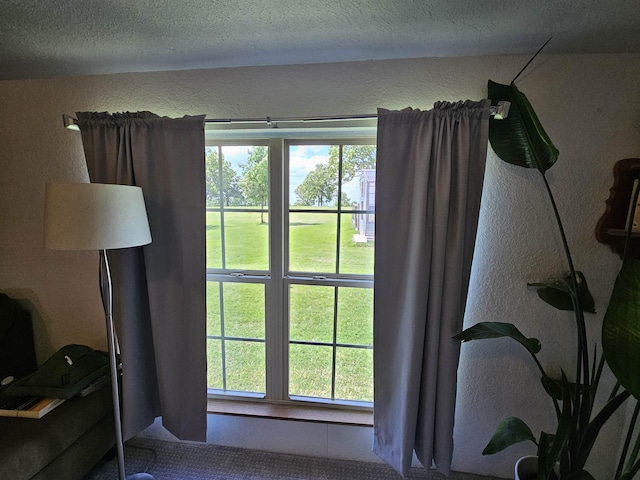 doorway to outside with carpet flooring, a textured ceiling, and a textured wall