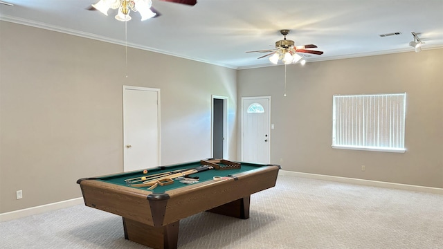 game room featuring ceiling fan, carpet, ornamental molding, billiards table, and baseboards