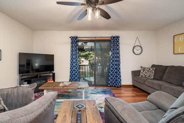 36 Lequita Pl, Hot Springs Village, AR 71909 - living room featuring wood finished floors, ceiling fan, and baseboards
