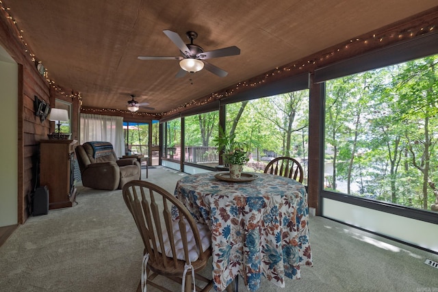 3 Tenerife Way, Hot Springs Village, AR 71909 - sunroom / solarium featuring carpet flooring, a ceiling fan, wood ceiling, and outdoor dining space
