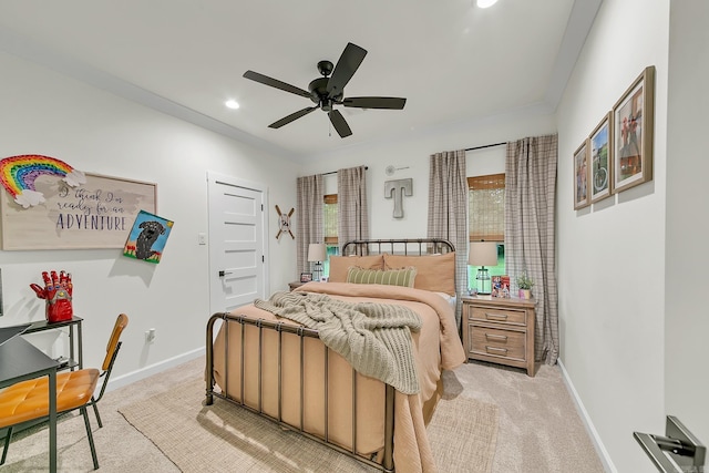 bedroom featuring light carpet, baseboards, recessed lighting, and ceiling fan