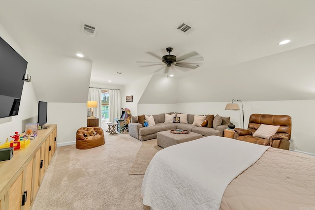 bedroom featuring light colored carpet, a ceiling fan, lofted ceiling, baseboards, and recessed lighting