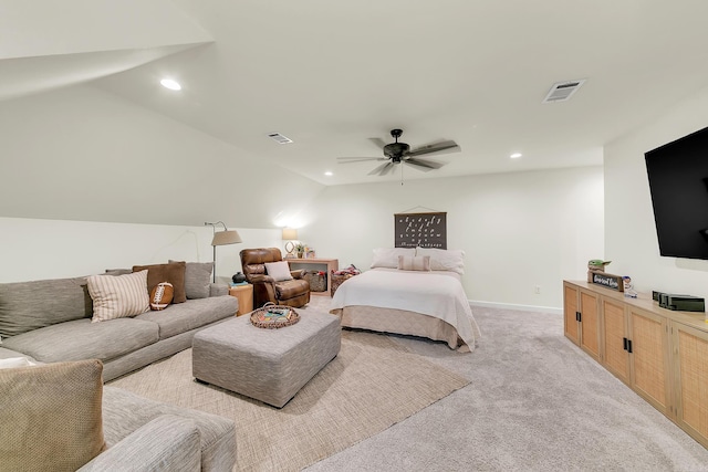 bedroom featuring recessed lighting, lofted ceiling, light colored carpet, and ceiling fan