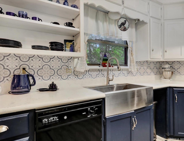 72 Pintuerero Way, Hot Springs Village, AR 71909 - kitchen featuring black dishwasher, a sink, open shelves, white cabinetry, and light countertops