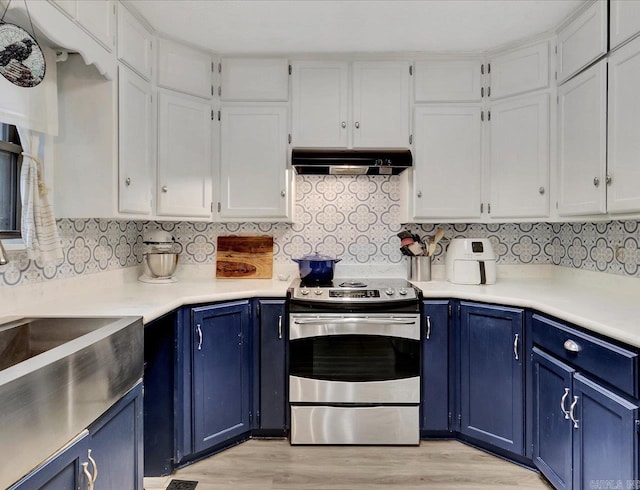 72 Pintuerero Way, Hot Springs Village, AR 71909 - kitchen featuring under cabinet range hood, stainless steel electric stove, blue cabinetry, white cabinetry, and light wood finished floors