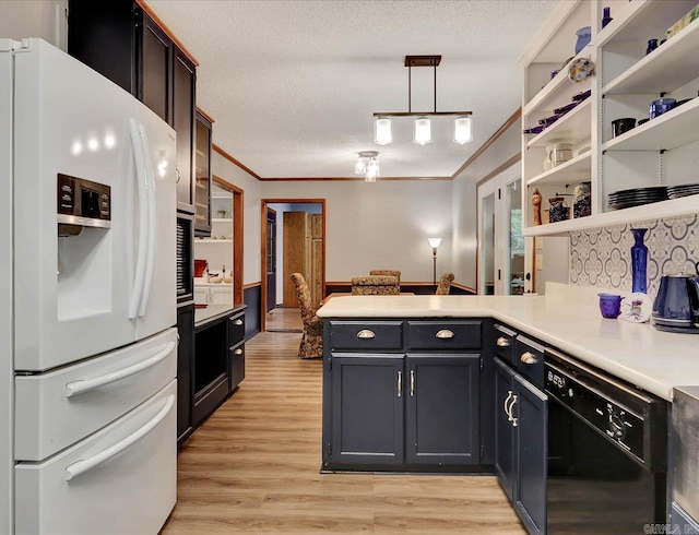 72 Pintuerero Way, Hot Springs Village, AR 71909 - kitchen with white refrigerator with ice dispenser, a peninsula, ornamental molding, light countertops, and light wood-style floors