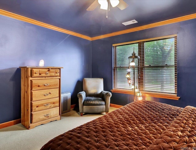 72 Pintuerero Way, Hot Springs Village, AR 71909 - bedroom with carpet floors, ornamental molding, a ceiling fan, and baseboards