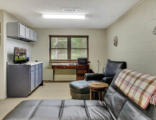 72 Pintuerero Way, Hot Springs Village, AR 71909 - living room with a textured ceiling, light colored carpet, and concrete block wall