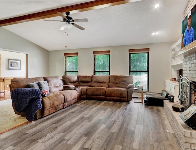 72 Pintuerero Way, Hot Springs Village, AR 71909 - living room featuring wood finished floors, a brick fireplace, ceiling fan, and recessed lighting