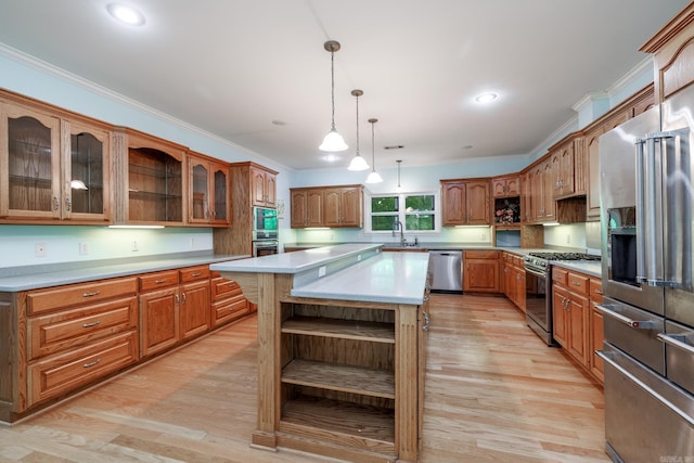 72 Ranch Rd, Arkadelphia, AR 71923 - kitchen featuring open shelves, appliances with stainless steel finishes, light countertops, light wood-style floors, and recessed lighting