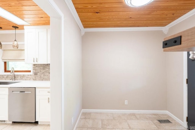 705 Industrial Park Rd, Heber Springs, AR 72543 - kitchen featuring stainless steel dishwasher, wooden ceiling, a sink, white cabinets, and baseboards