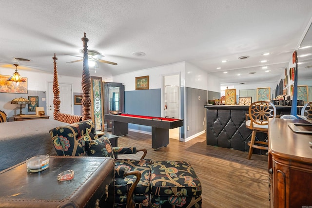 120 Sanson Pl, Hot Springs, AR 71913 - playroom with wood finished floors, ceiling fan, billiards table, a dry bar, and a textured ceiling