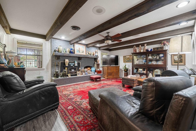 120 Sanson Pl, Hot Springs, AR 71913 - living area with a fireplace, wood finished floors, ceiling fan, beamed ceiling, and recessed lighting