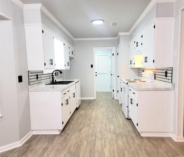 1907 Sunset, Pine Bluff, AR 71603 - kitchen with white appliances, a sink, backsplash, under cabinet range hood, and ornamental molding