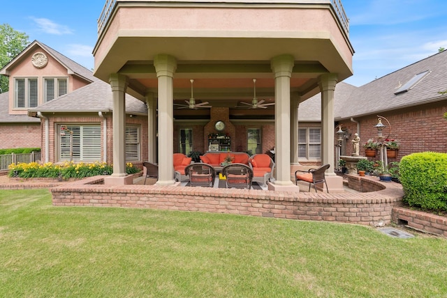 852 Rock Ledge Rd, Heber Springs, AR 72543 - back of house featuring outdoor lounge area, brick siding, and a patio area
