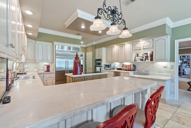 852 Rock Ledge Rd, Heber Springs, AR 72543 - kitchen featuring a sink, appliances with stainless steel finishes, ornamental molding, tasteful backsplash, and open shelves