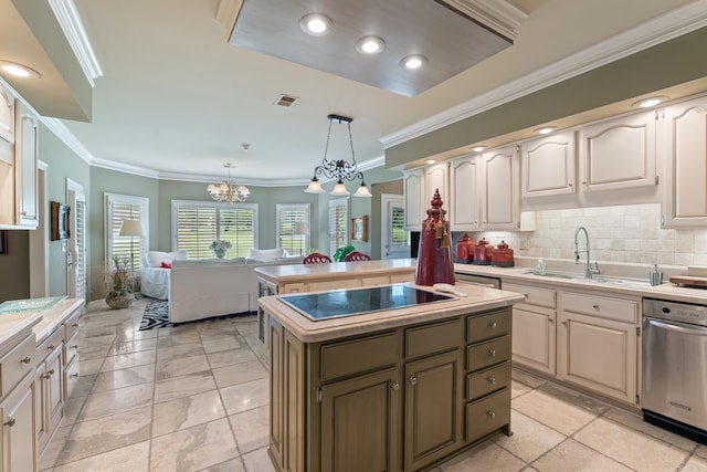852 Rock Ledge Rd, Heber Springs, AR 72543 - kitchen with a sink, a center island, black electric cooktop, light countertops, and ornamental molding