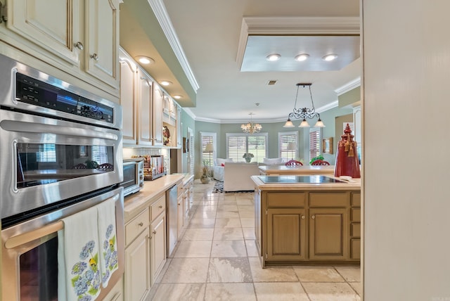 852 Rock Ledge Rd, Heber Springs, AR 72543 - kitchen featuring stainless steel appliances, crown molding, a chandelier, light countertops, and decorative light fixtures