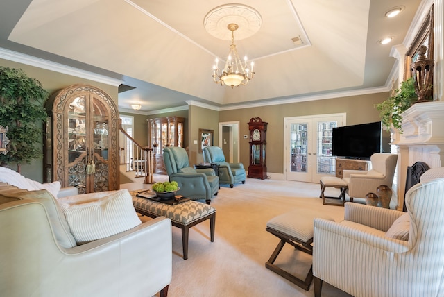 852 Rock Ledge Rd, Heber Springs, AR 72543 - living room featuring a chandelier, a raised ceiling, light carpet, crown molding, and stairs