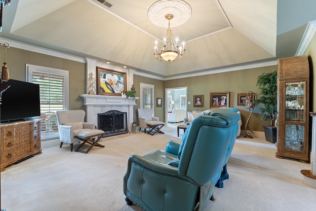 852 Rock Ledge Rd, Heber Springs, AR 72543 - carpeted living area featuring a raised ceiling, a chandelier, a fireplace with flush hearth, and ornamental molding