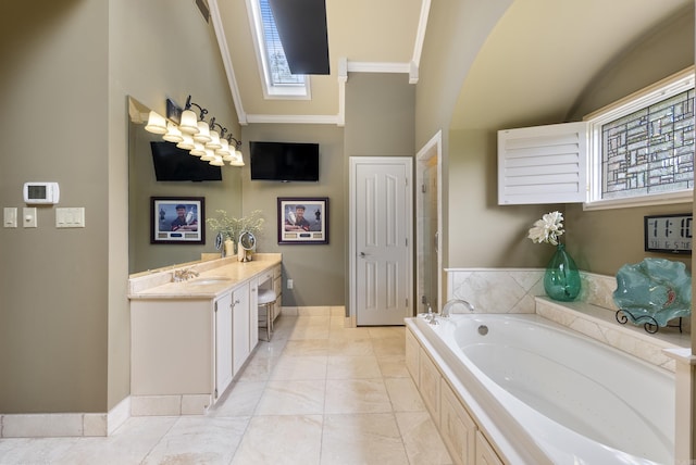 852 Rock Ledge Rd, Heber Springs, AR 72543 - bathroom featuring ornamental molding, a bath, vaulted ceiling, vanity, and baseboards