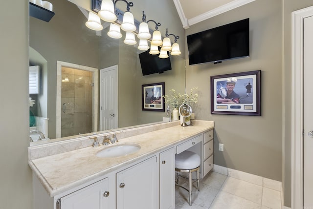 852 Rock Ledge Rd, Heber Springs, AR 72543 - bathroom featuring crown molding, tile patterned flooring, vanity, baseboards, and tiled shower