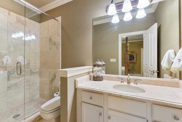 852 Rock Ledge Rd, Heber Springs, AR 72543 - ensuite bathroom featuring crown molding, a stall shower, toilet, and vanity