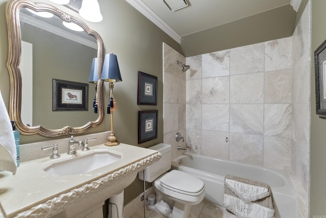 852 Rock Ledge Rd, Heber Springs, AR 72543 - bathroom featuring a sink, crown molding, toilet, bathing tub / shower combination, and tile patterned flooring