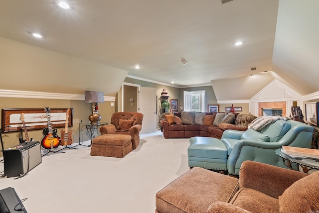 852 Rock Ledge Rd, Heber Springs, AR 72543 - living room featuring vaulted ceiling, carpet, ornamental molding, recessed lighting, and baseboards