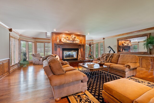 852 Rock Ledge Rd, Heber Springs, AR 72543 - living room with a glass covered fireplace, ornamental molding, light wood-style flooring, and a wainscoted wall